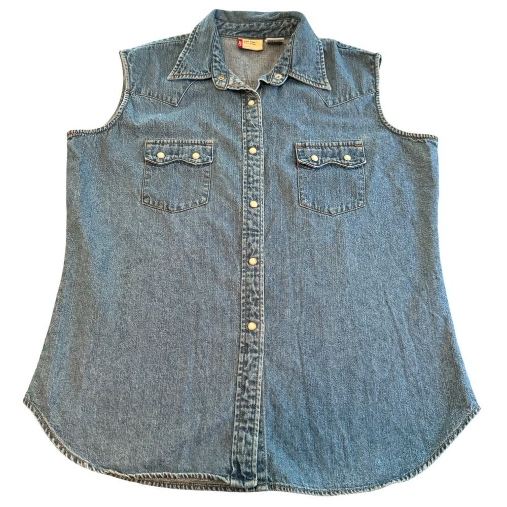 Vintage Levi’s Red Tab Denim Vest Womens Large Jean Sawtooth Pearl Snap Western